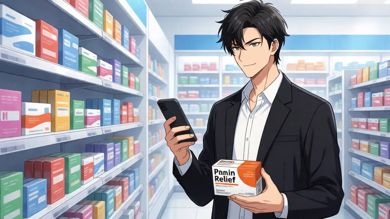 Personnage manga confiant tenant une boîte de médicaments en ligne